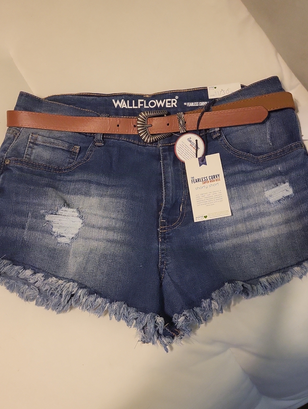 Wallflower Blue Distressed Denim Shorts with Brown Belt